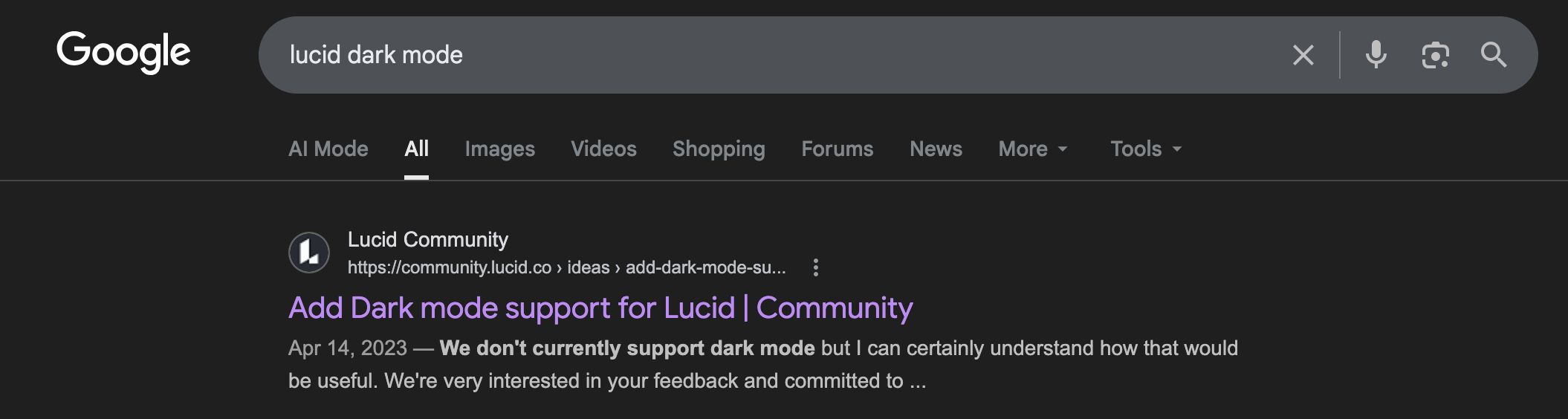 Lucid Dark Mode search results
